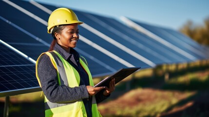 Fototapeta na wymiar Female technician in reflective clothing holding a tablet at solar farm. 