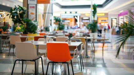 Fototapeta premium Modern Shopping Mall Food Court Interior with Bright Vibrant Seating