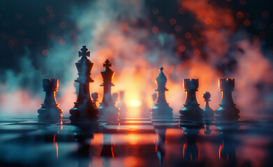Chess Figures on a Dark Background. Strategic Fog. Epic Chess Game Battle. Chess Game Concept.
