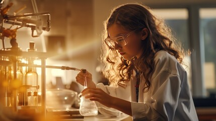 Girl doing a chemistry experiment in science class