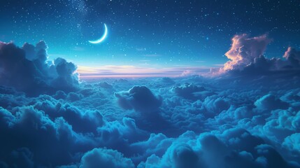 Dreamy Cloudscape with Crescent Moon