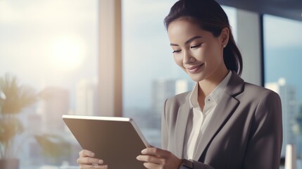 Happy businesswoman using tablet 