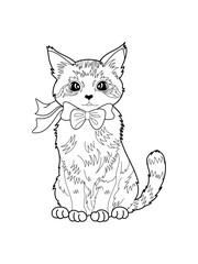 Coloring page outline of cartoon cat. Cute kitten with ribbon. Pet. Coloring book for kids. Vector illustration