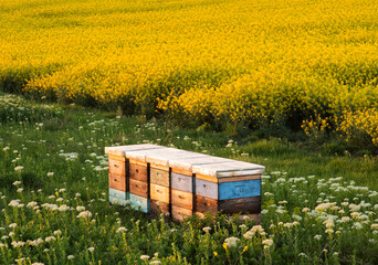 Wooden apiary crates in sunset - 782910151