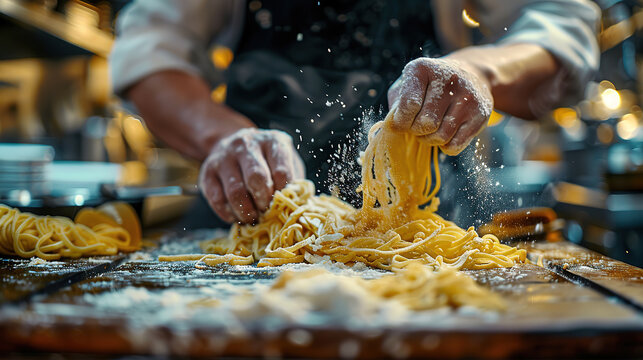 Close up view at chef hand is cut DOUGH for making hand make noodle. Realistic photography, 