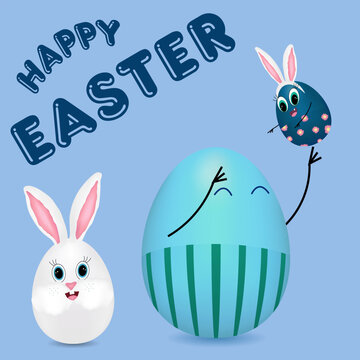 Anthropomorphic egg family. Happy father tossing up his son on a blue background. Easter egg-bunny. Happy Easter inscription.. Vector color drawing