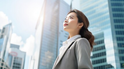confident and professional young Asian businesswoman looking up while standing 
