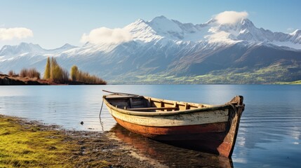 Fototapeta na wymiar Old boat moored at lake with beautiful mountain 