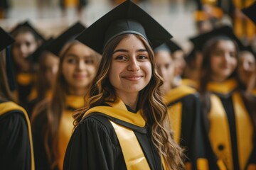 A beautiful female graduate stands in the center of her group, wearing black and yellow robes with a cap on her head smiling at the camera.