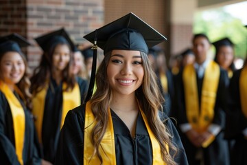 A beautiful female graduate stands in the center of her group, wearing black and yellow robes with a cap on her head smiling at the camera. - obrazy, fototapety, plakaty