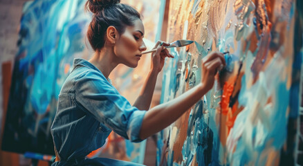 Obraz premium A female artist is painting on the wall, holding a paintbrush and creating abstract art with vibrant colors