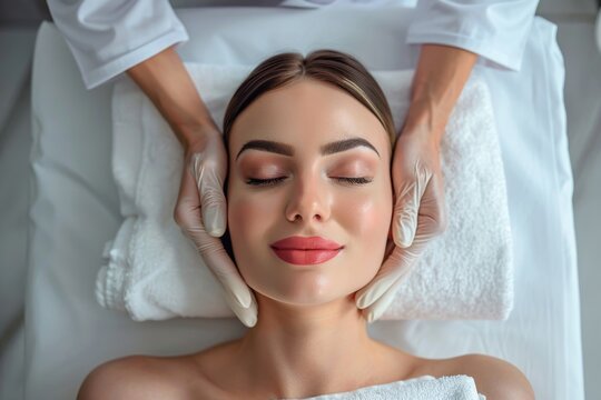 A beautiful woman is lying on the massage table, with her eyes closed and hands holding both sides of it in white gloves for facial treatment. 