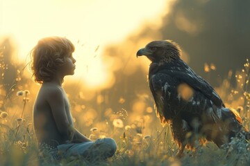 A serene moment captures a child sitting next to an eagle amidst a sunset-drenched field, casting a...