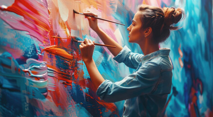 A female artist is painting on the wall, holding a paintbrush and creating abstract art with...