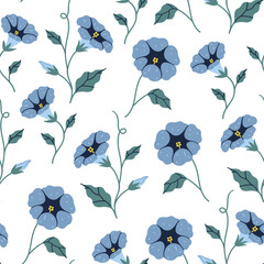 Seamless pattern with blue bindweed flowers on a white background. Vector graphics.