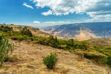 hills panorama of beautiful Semien or Simien Mountains National Park landscape in Northern Ethiopia near Debre Libanos. Africa wilderness