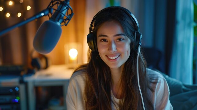 A beautiful woman is smiling and wearing headphones and recording.