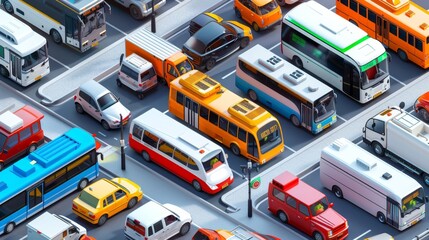 Transport poster with illustration of passenger and freight automobiles, minibuses, cargo vehicles, and forklifts in an isometric style. Modern horizontal banner.