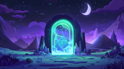 Foto auf Leinwand The magic portal opens and reveals a fantastic energy portal that leads to an alien world. Modern game background with cartoon fantasy illustration of a mountain landscape with a glowing green glow © Mark