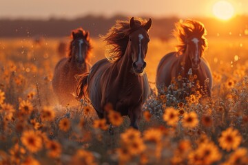 A herd of horses run energetically through a field filled with blooms at sundown - obrazy, fototapety, plakaty