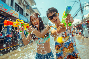 Happy traveler asian man and woman wearing summer shirt holding colorful squirt water gun over blur city, Water festival holiday concept