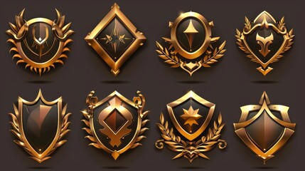 A set of empty achievement emblems with decorative golden borders on a background. Modern cartoon set with gold avatar frames and game winner awards.