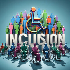 Inclusion text with group of people and wheelchair