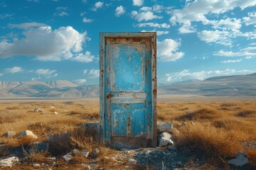 A surreal depiction of a solitary distressed blue door amidst a wild, desolate terrain
