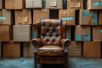 A worn leather armchair stands out amidst a chaotic backdrop of numerous cardboard boxes, evoking concepts of moving, storage or hoarding