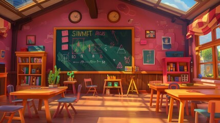 Fototapeta na wymiar Math classroom. Modern cartoon illustration of empty classroom interior with blackboard, triangle, protractor, furniture, and bookcase.