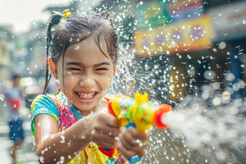 Happy traveler asian girl wearing summer shirt holding colourful squirt water gun over blur city, Water festival holiday concept