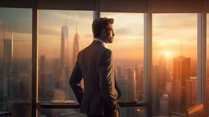 Naklejka premium Portrait of male CEO in big corner office at sunset,Businessman thinking and looking at the view from the office window