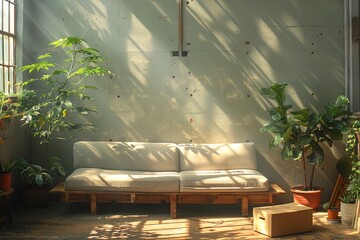 Large industrial windows cast shadows on a simple wooden pallet sofa in a serene loft with soft sunlight and green plant surroundings