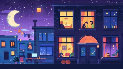 Modern illustration of people in apartments working on computer, playing guitar, eating, reading books, and looking outside in windows at night.