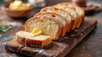 Butter melting on fresh bread on wooden board