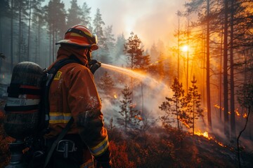 A heroic firefighter extinguishes a forest fire, with the sunset creating a dramatic backlight through smoke - obrazy, fototapety, plakaty