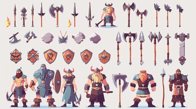 Modern illustration of a cartoon viking with different weapons. Axe, sword, hammer, bow with quiver, spear with torch, mace, and wooden shield. Character from a game or fairy tale.