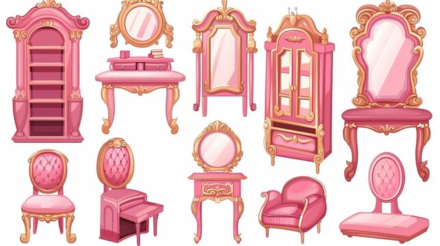 Vintage furniture set for a princess' room. Illustration depicts a dressing table, mirror, chair, bookcase, and girl portrait in vintage style.