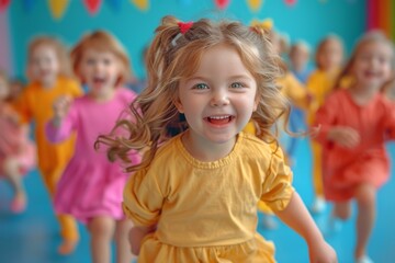 Fototapeta na wymiar An adorable girl with blue eyes and blond hair is running joyfully in a yellow dress with her friends, who are in the background