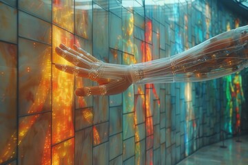 A transparent mannequin arm with intricate circuit designs against a digitalized backdrop - obrazy, fototapety, plakaty