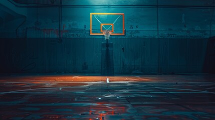 Abandoned court with glowing hoop at twilight. - obrazy, fototapety, plakaty