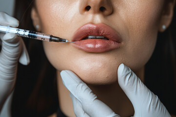 Close-up of lips getting an injection by a syringe handled by gloved hands
