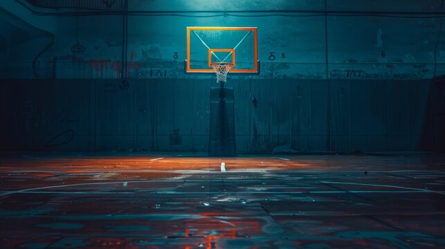 Abandoned court with glowing hoop at twilight.