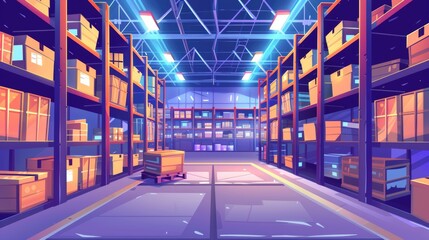 This portrait portrays an empty warehouse interior with metal racks. It is an image of a storage room in a factory, supermarket, or distribution hangar with shelves for cargo, stock, and goods. - obrazy, fototapety, plakaty