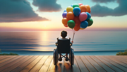 disabled child in wheelchair holding colorful inflatable balloons