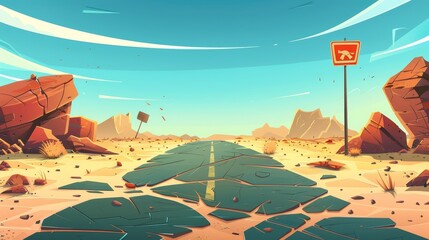 Desert landscape with broken road and cracked asphalt. Rattling sign in desert landscape. Long road along sand dunes. Desert landscape cartoon background.