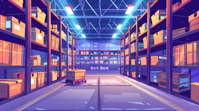 This portrait portrays an empty warehouse interior with metal racks. It is an image of a storage room in a factory, supermarket, or distribution hangar with shelves for cargo, stock, and goods.