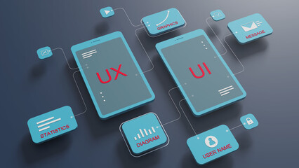 UX user interface flowchart, connection mode graphic designer, application process development, data prototype, website framework, mobile icon phone. The concept of user interaction. 3d rendering. - 782912550