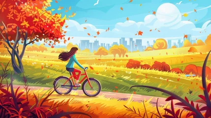 Tuinposter On the horizon, a young girl rides her bicycle on the road towards the city, in an autumn landscape with trees covered in orange leaves, fields, and a young girl riding her bicycle along the path. © Mark