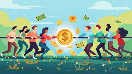 Two teams pulling rope with dollar golden coin in tug of war game for money. Illustration of business rivalry, financial conflict, corporate struggles. - obrazy, fototapety, plakaty
